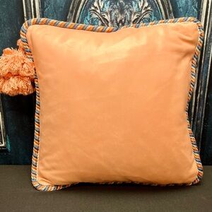 Vibrant Peach Handmade Accent Leather Pillow with Braided Trim & Tassel